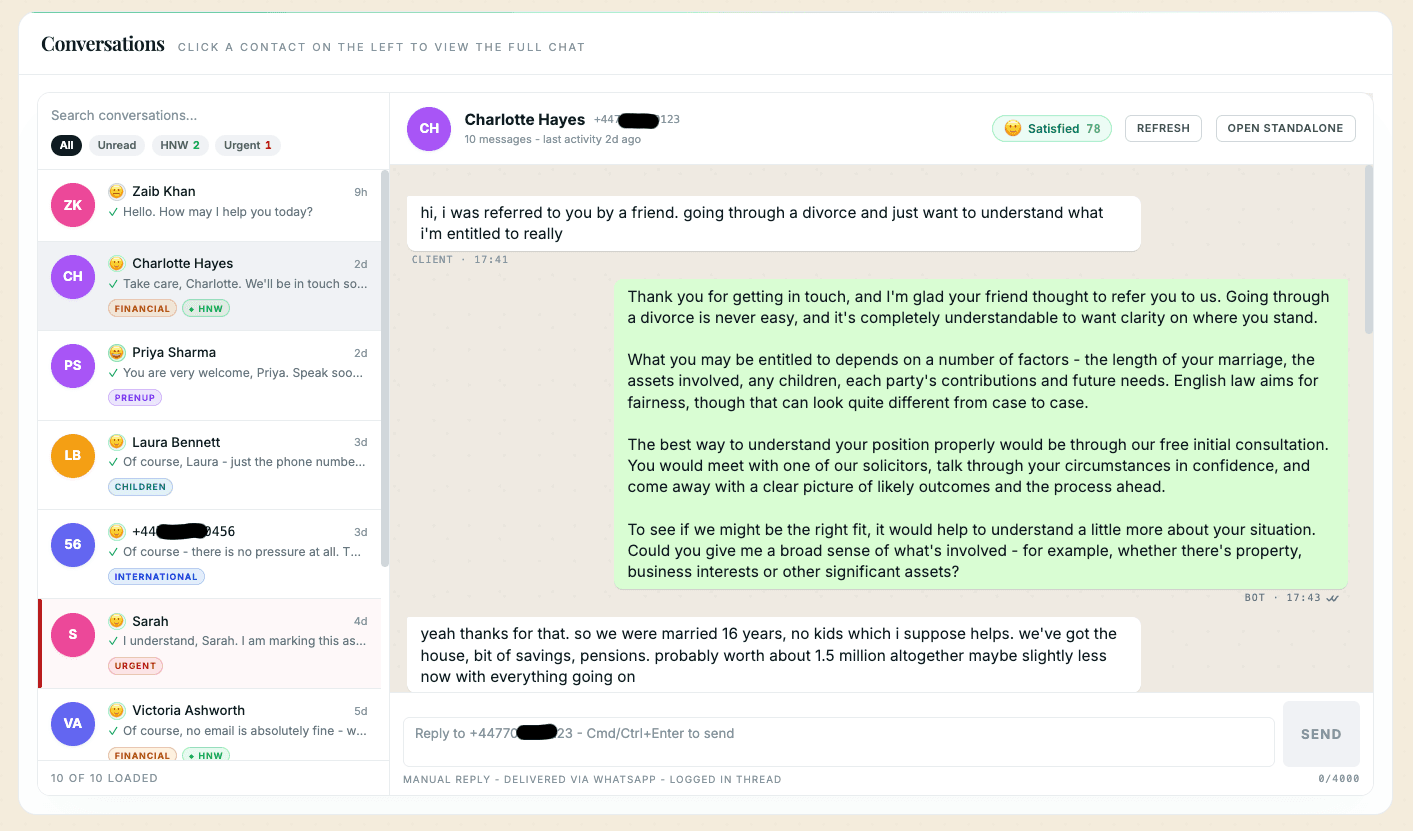 The PocketChats dashboard: every WhatsApp conversation in one inbox, tagged by topic and priority, with sentiment and a reply box to step in yourself.